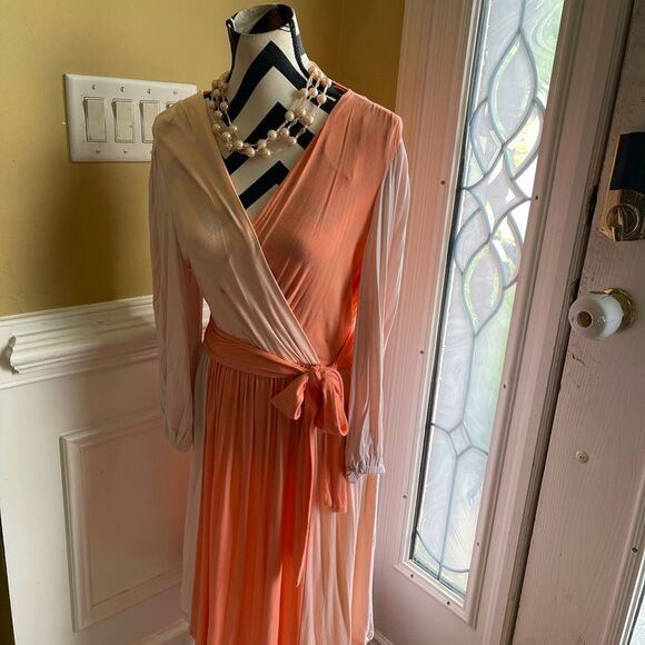 Calvin Klein color block Surplice Faux Wrap Dress in blossom,peach & cream SZ12 - Picture 4 of 16